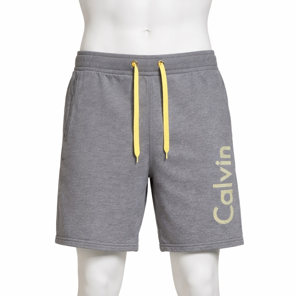 Calvin Klein Men’s Gray Athletic Shorts with Neon Yellow Drawstrings